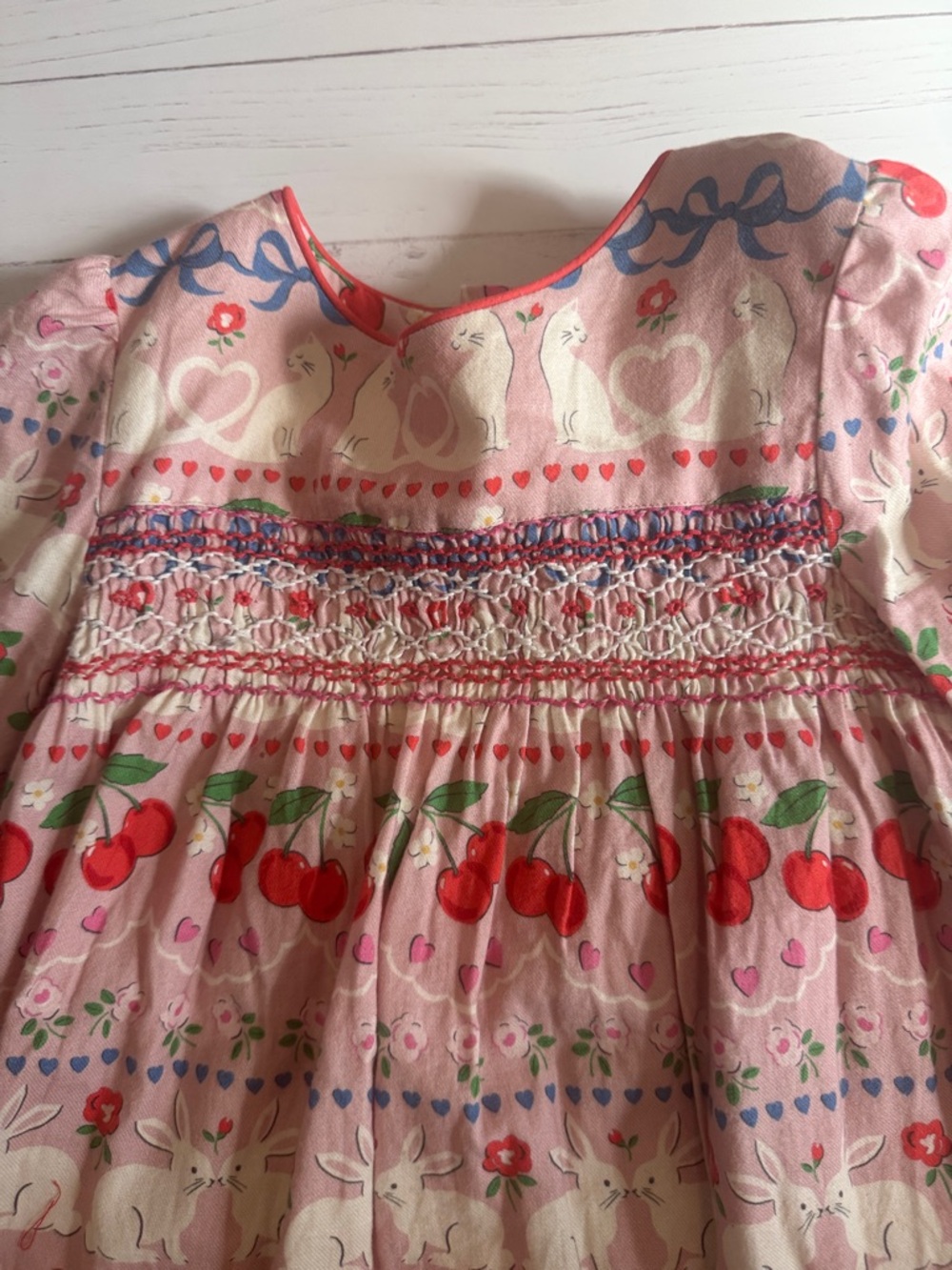 Mini Boden Girls Pink Cherry Print Long Sleeve Dress - Picture 3 of 7